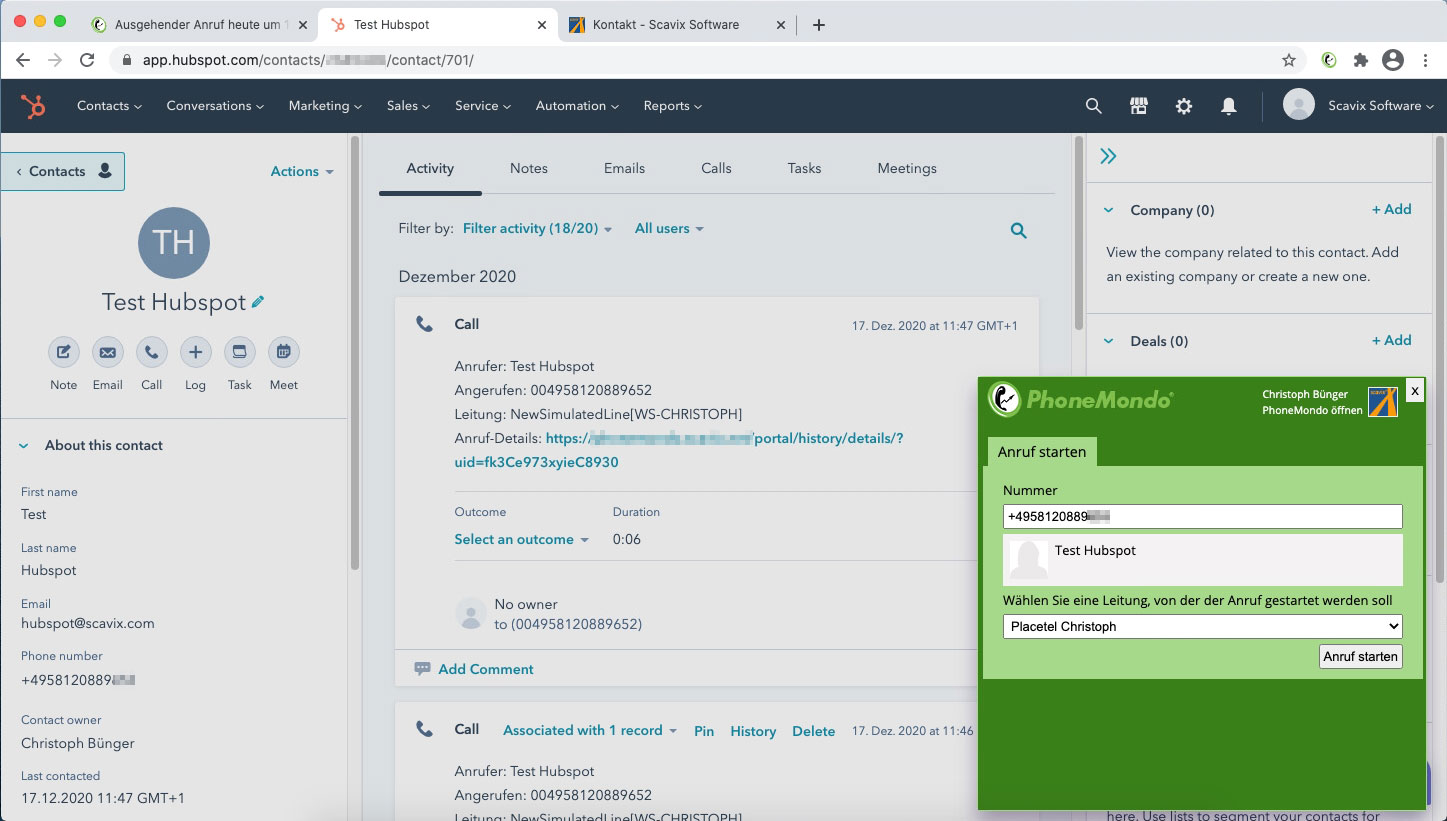 Anruf starten in Hubspot