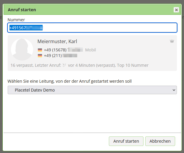 Anruf starten mit einem DATEV Adressaten