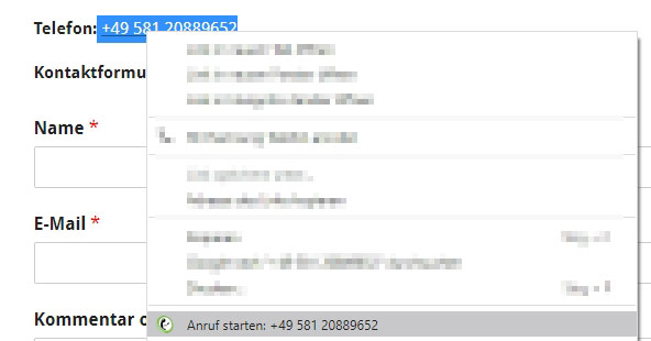 Anruf starten Kontextmenü Browsererweiterung
