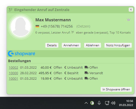 Anrufinformationen aus Shopware