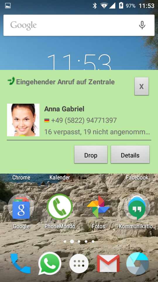 PhoneMondo Android App Anrufbenachrichtigung