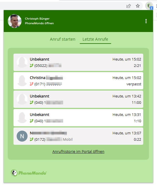 PhoneMondo Browsererweiterung letzte Anrufe