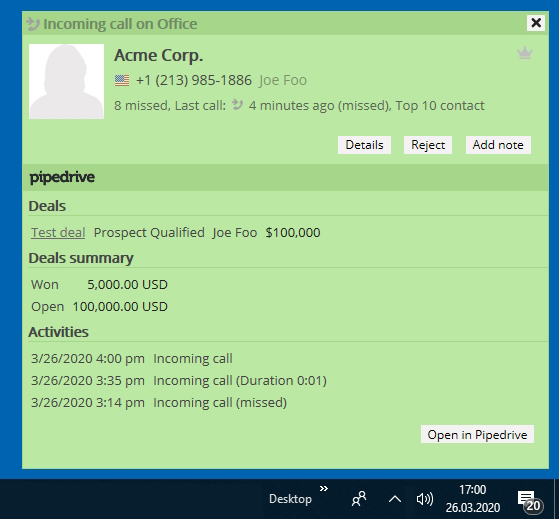 Anzeige Daten aus Pipedrive bei Anruf