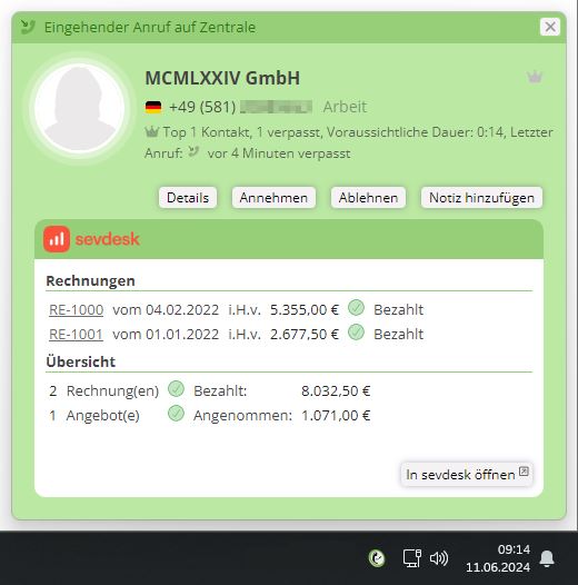 sevDesk Anrufanzeige
